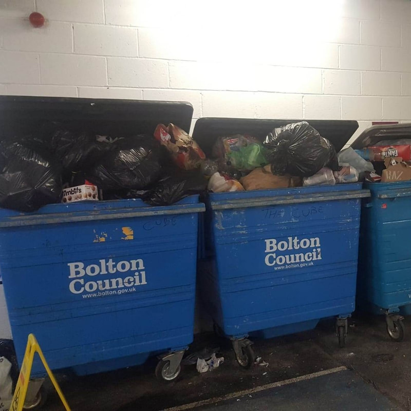 Bolton Council Commercial bins full of rubbish 